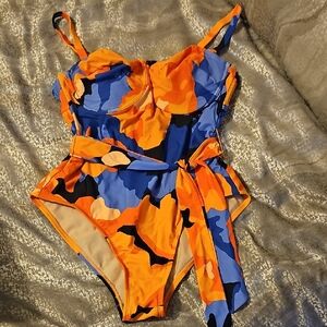 Tabitha Brown Orange and Blue Patterned Swimwear with Black Trim